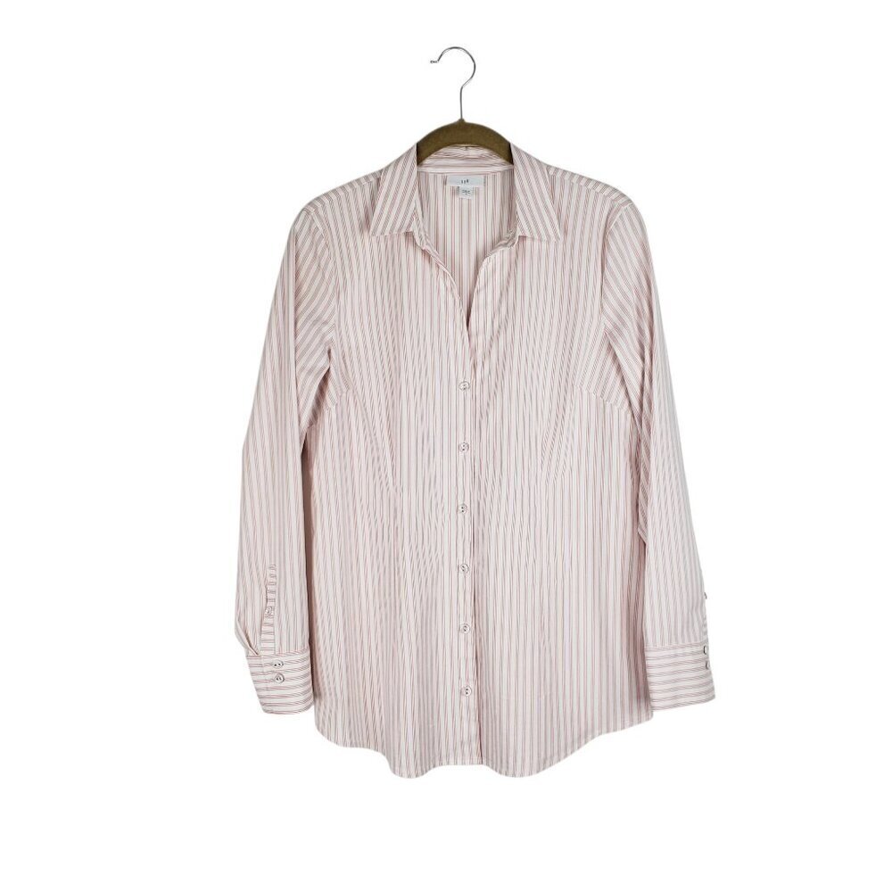 J Jill Button Up Johnny Collar Top Pink Stripe Stretch Cotton Blend Womens S